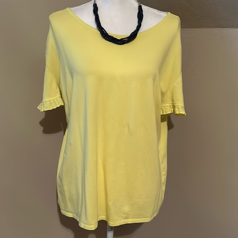 Talbots boat neck chartreuse yellow pleated ruffle sleeve top.  XL